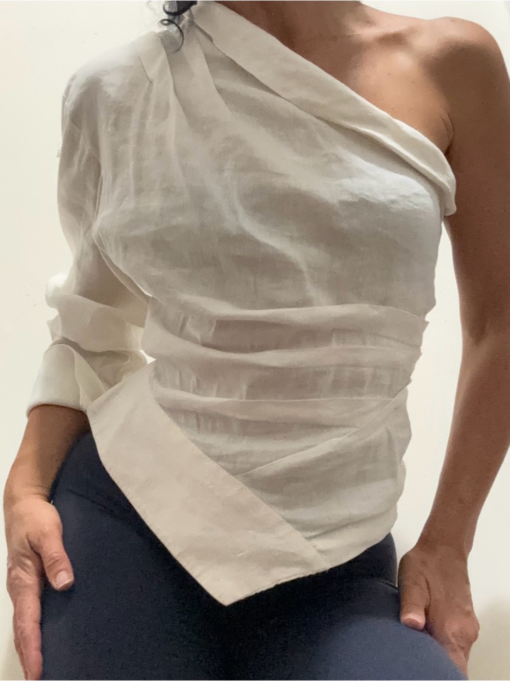 Zara Asymmetrical One-Shoulder Ivory Linen Dress Top